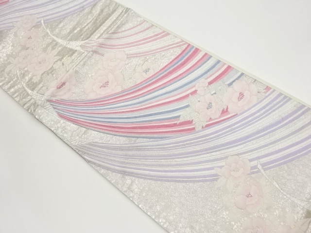 抽象孔雀に牡丹模様織出し袋帯